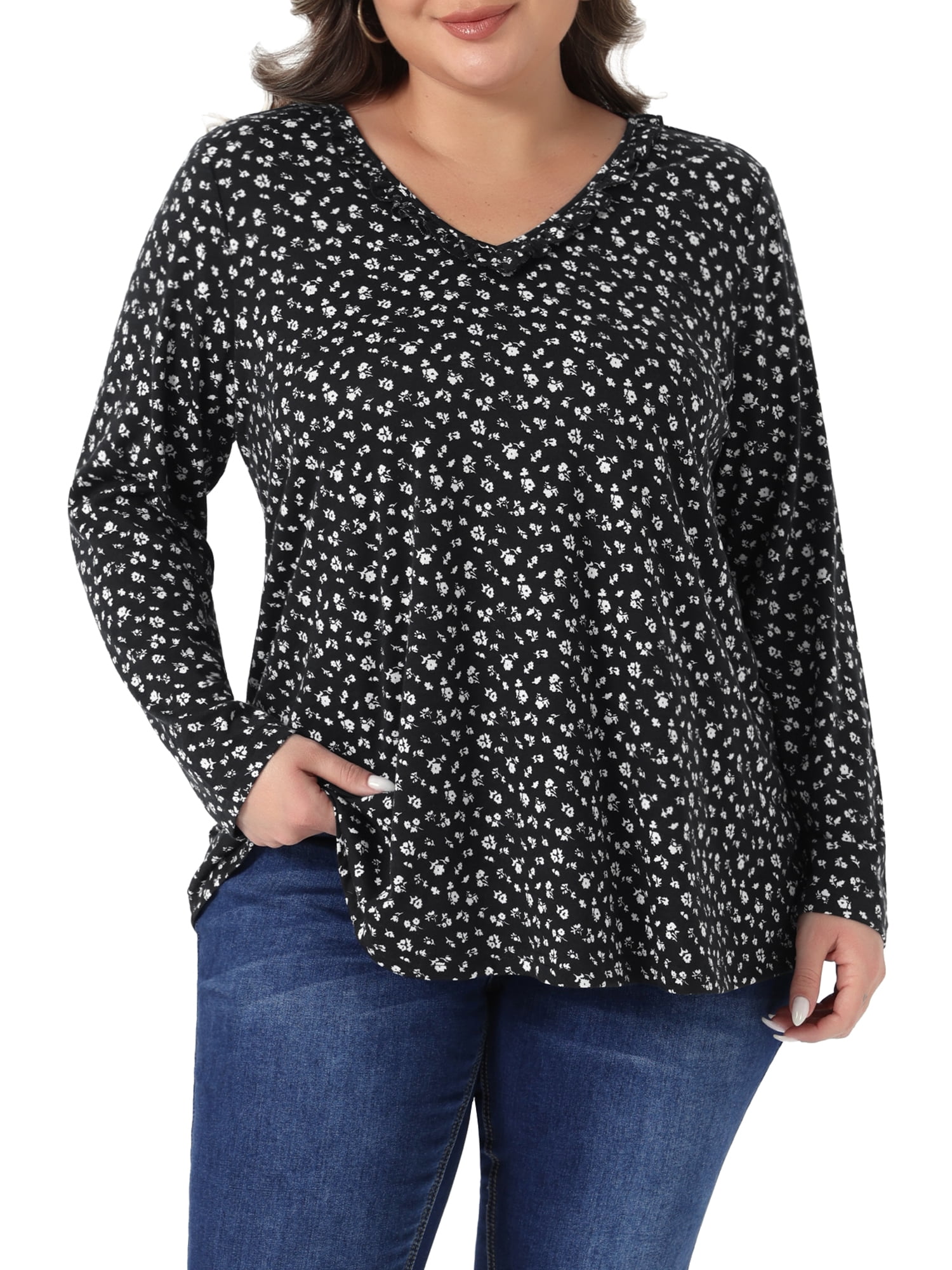 DARING DIVA Women's Plus Floral V Neck Long Sleeve Ruffle Blouses 1X Black White