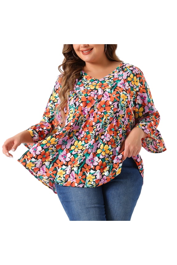 Women's Plus Floral Ruffle 3/4 Sleeve Peplum Top 1X Orange Black