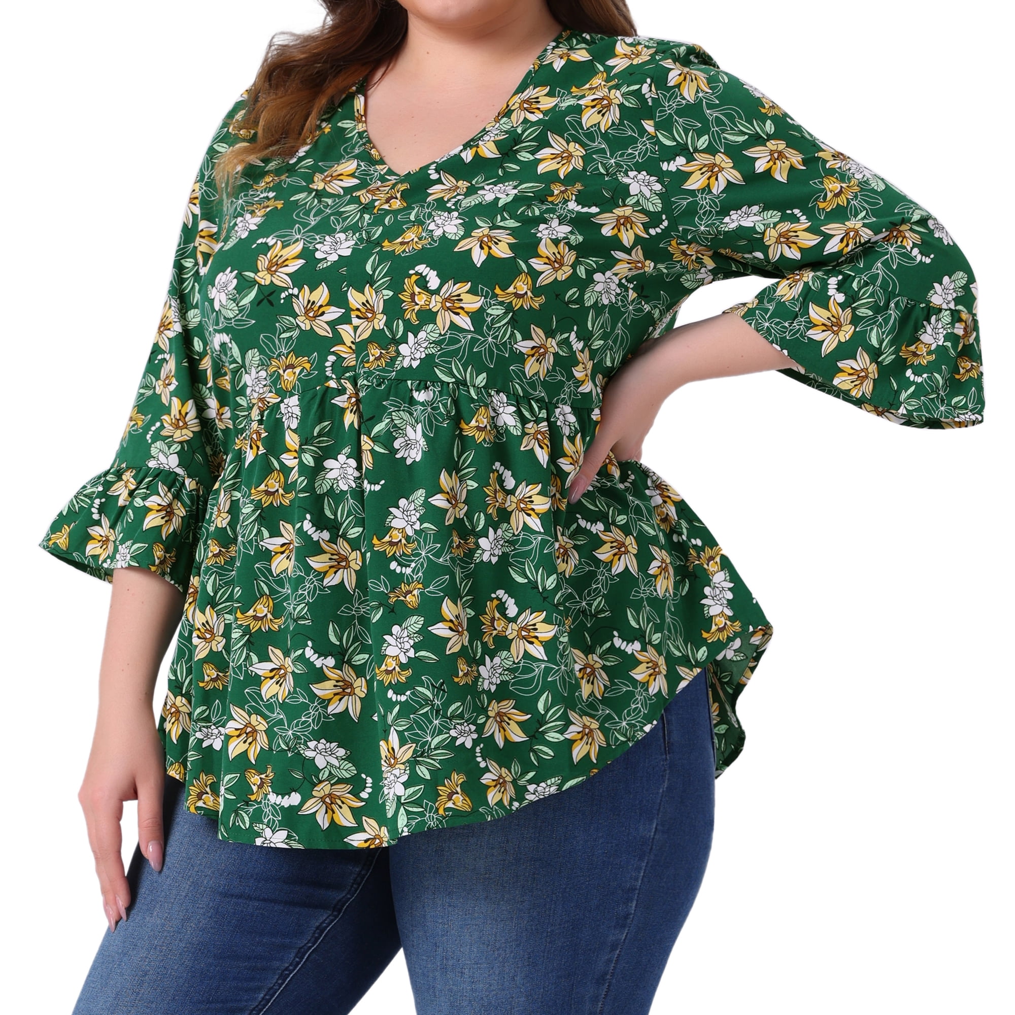 Women's Plus Floral Blouses V Neck Ruffle 3/4 Sleeve Babydoll Peplum Tops 2X Green