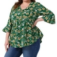 thumbnail image 1 of DARING DIVA Women's Plus Floral Ruffle 3/4 Sleeve Peplum Top 2X Green, 1 of 7