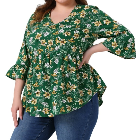 DARING DIVA Women's Plus Floral V Neck Ruffle 3/4 Sleeve Peplum Top 2X Green