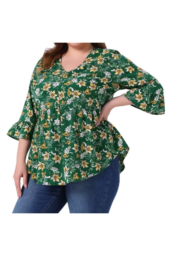 Women's Plus Floral Ruffle 3/4 Sleeve Peplum Top 2X Green