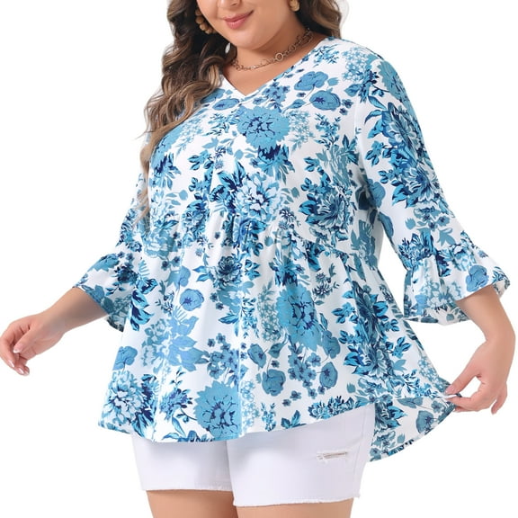 DARING DIVA Women's Plus Floral V Neck Ruffle 3/4 Sleeve Peplum Top 3X Blue