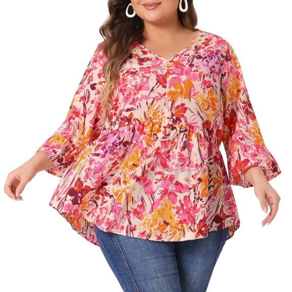 DARING DIVA Women's Plus Floral V Neck Ruffle 3/4 Sleeve Peplum Top 3X Orange Pink