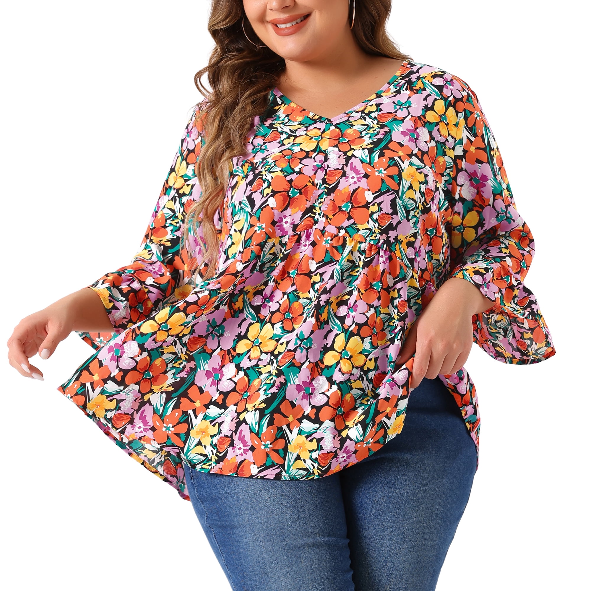 Women's Plus Floral Blouses V Neck Ruffle 3/4 Sleeve Babydoll Peplum Tops 4X Orange Black