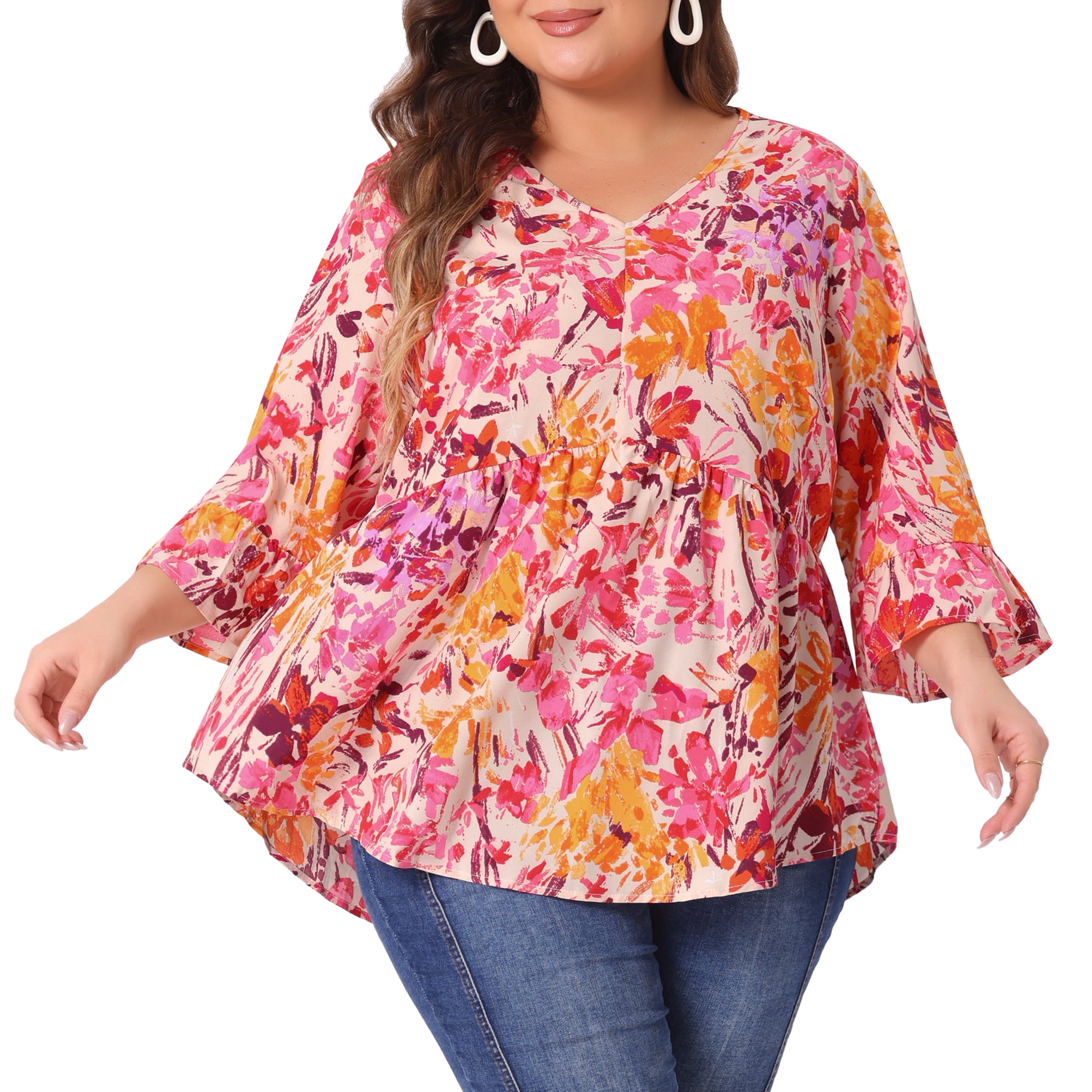 Women's Plus Floral Blouses V Neck Ruffle 3/4 Sleeve Babydoll Peplum Tops 4X Orange Pink