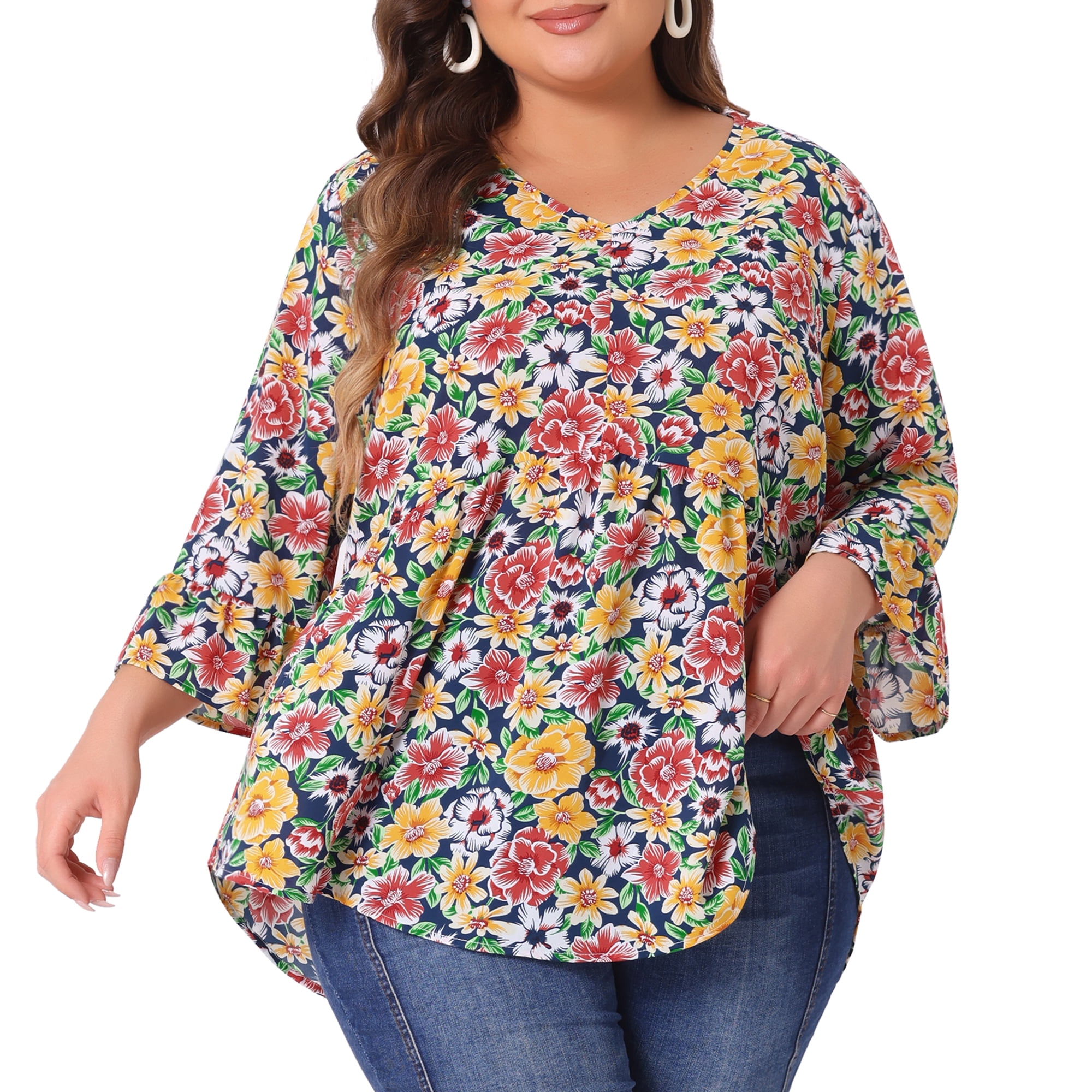 Women's Plus Floral Blouses V Neck Ruffle 3/4 Sleeve Babydoll Peplum Tops 4X Yellow