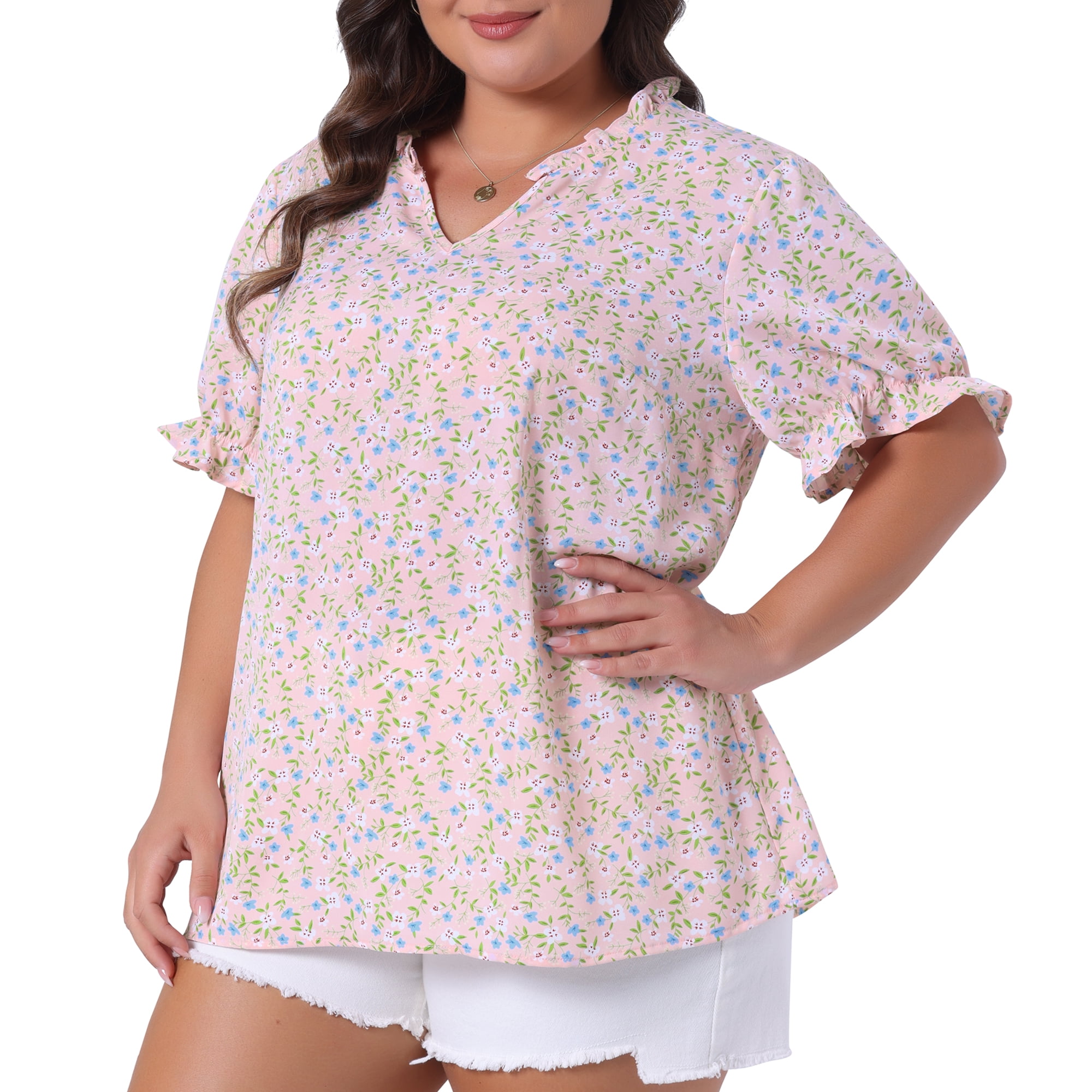 Women's Plus Summer Tops Floral V Neck Ruffle Puff Short Sleeve Casual Blouse Top 1X Pink