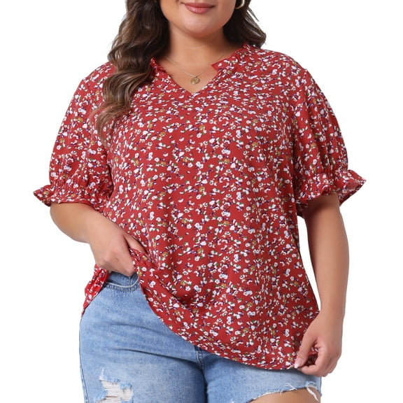 DARING DIVA Women's Plus Floral V Neck Ruffle Puff Short Sleeve Blouse 1X Red