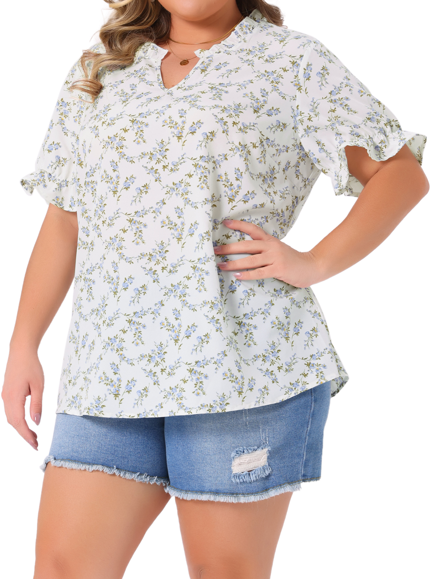 Women's Plus Summer Tops Floral V Neck Ruffle Puff Short Sleeve Casual Blouse Top 1X White