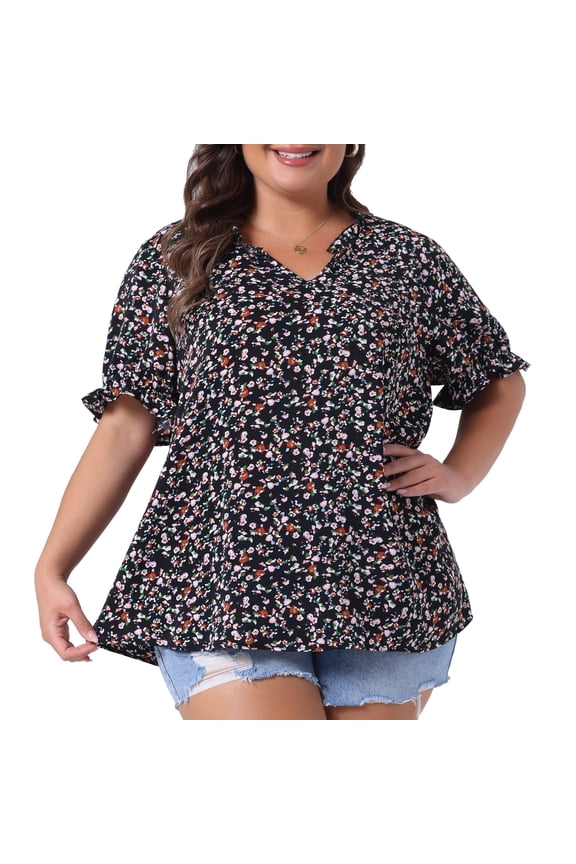 Women's Plus Floral V Neck Ruffle Puff Short Sleeve Blouse 2X Black