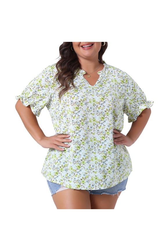 Women's Plus Summer Tops Floral V Neck Ruffle Puff Short Sleeve Casual Blouse Top 2X Green