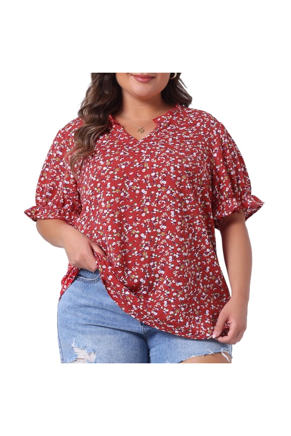 Women's Plus Floral V Neck Ruffle Puff Short Sleeve Blouse 2X Red
