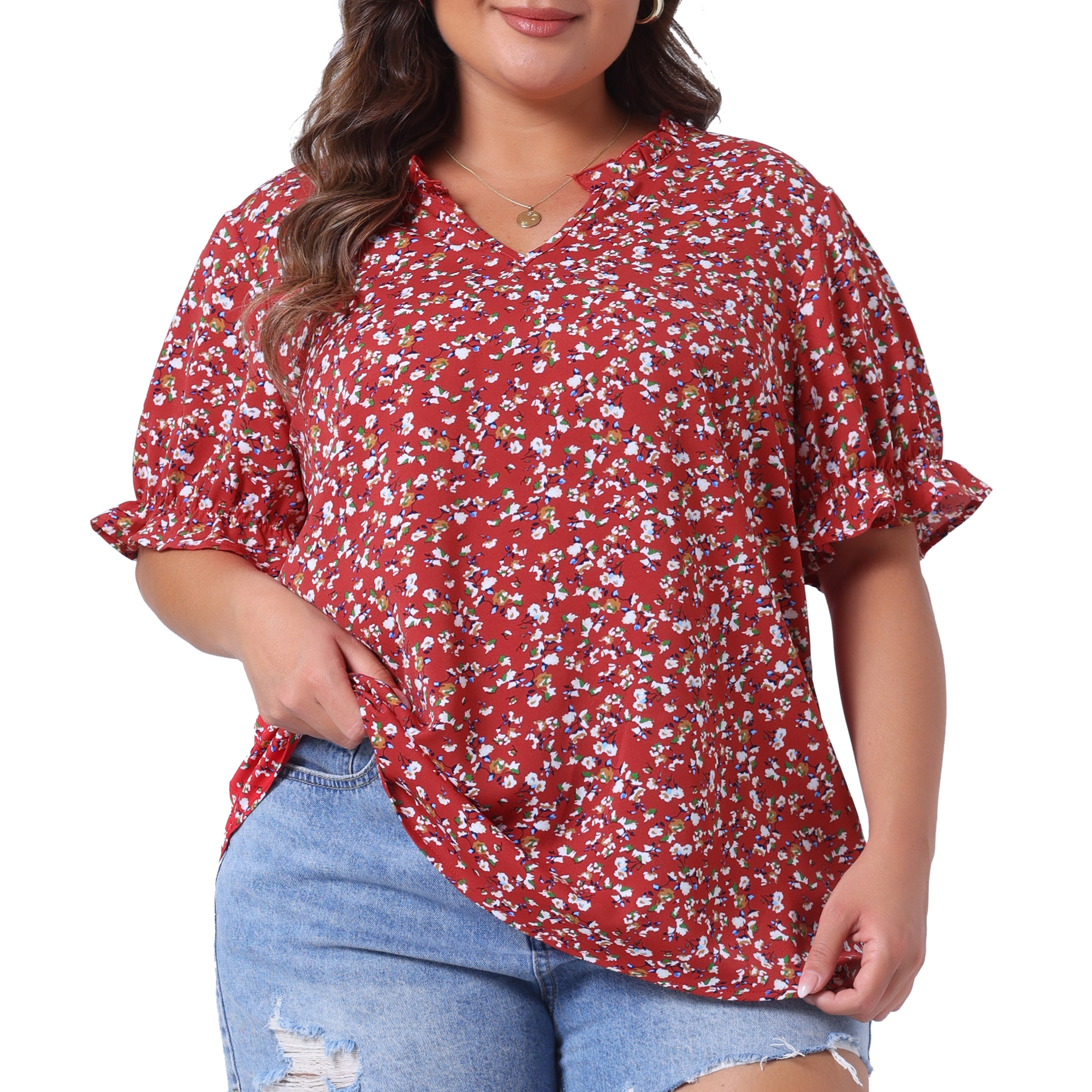 Women's Plus Summer Tops Floral V Neck Ruffle Puff Short Sleeve Casual Blouse Top 3X Red