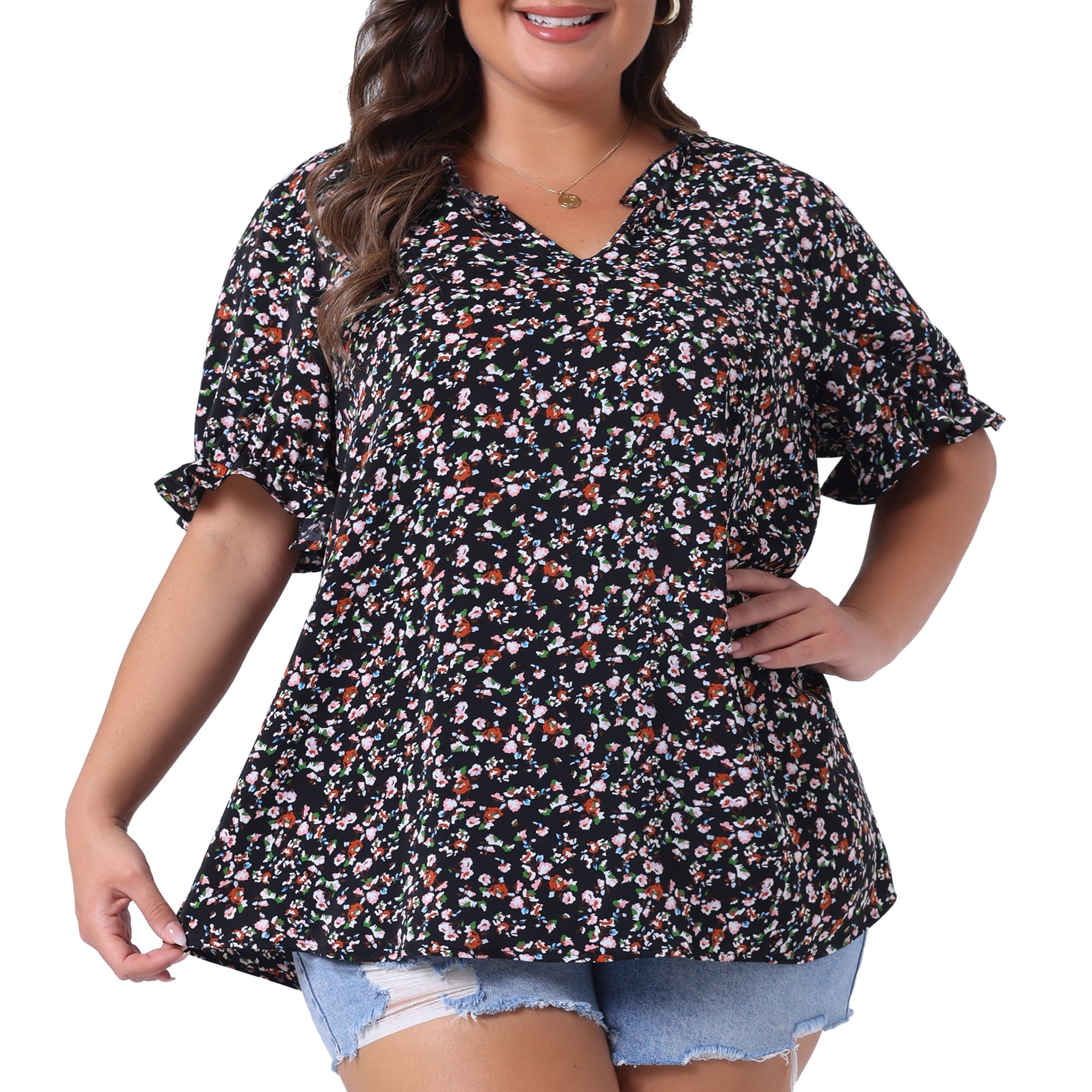 Women's Plus Summer Tops Floral V Neck Ruffle Puff Short Sleeve Casual Blouse Top 4X Black