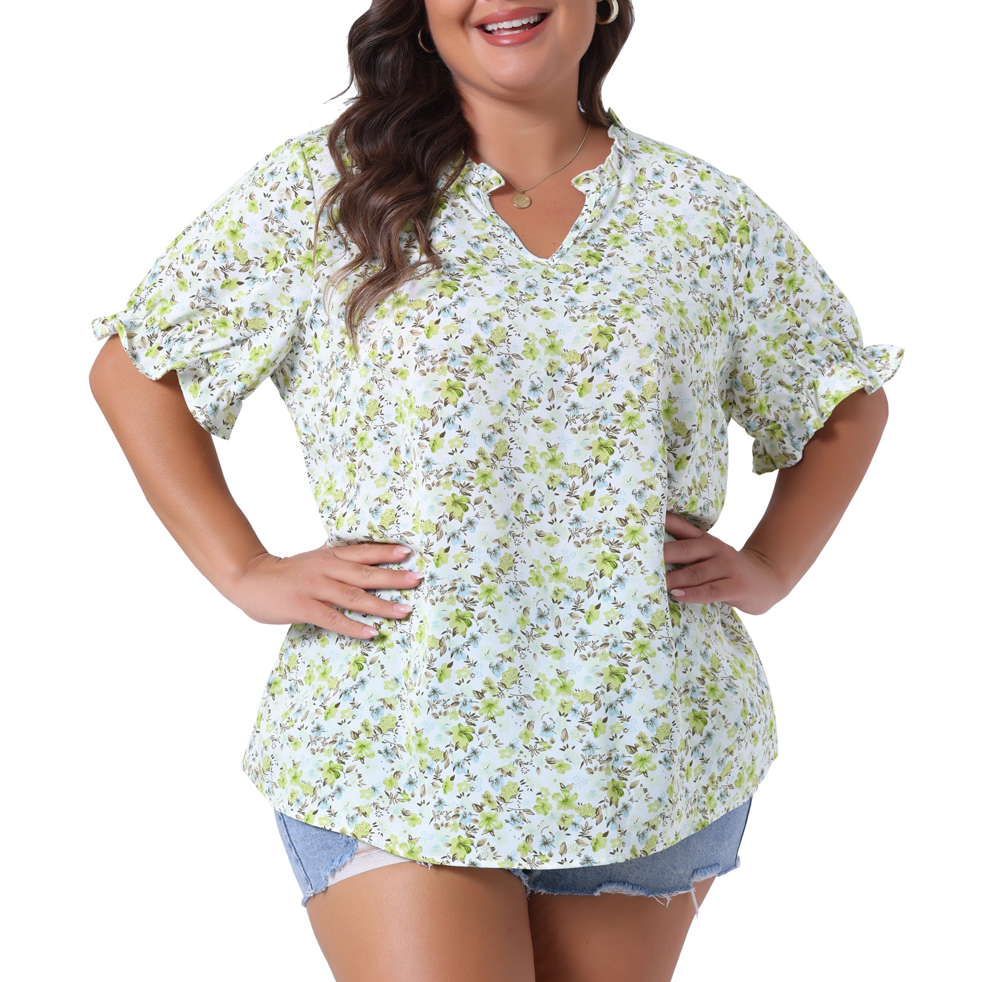 Women's Plus Summer Tops Floral V Neck Ruffle Puff Short Sleeve Casual Blouse Top 4X Green