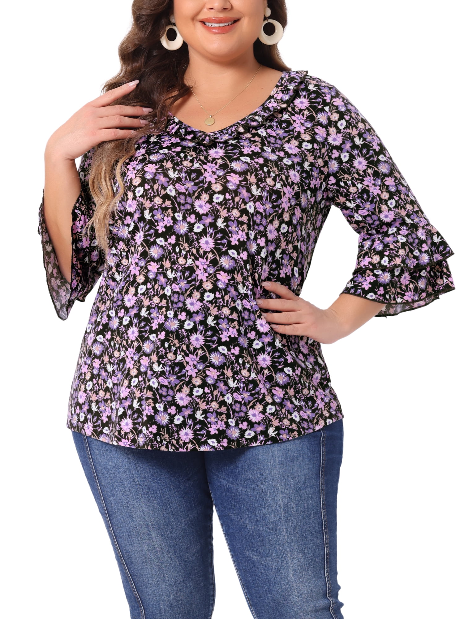 DARING DIVA Women's Plus Floral V Neck Tiered Ruffle Bell Sleeve Blouse 1X Purple