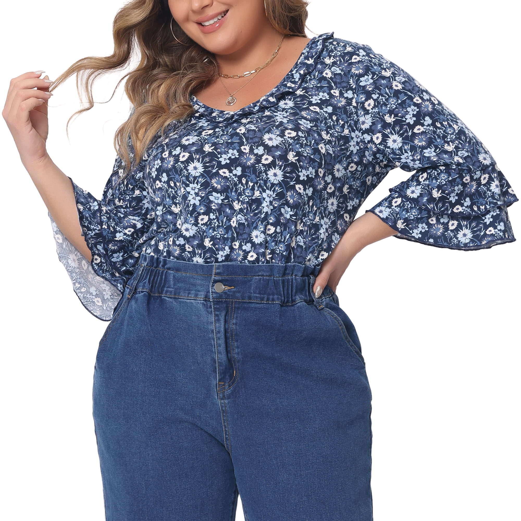 DARING DIVA Women's Plus Floral V Neck Tiered Ruffle Bell Sleeve Blouse 2X Navy Blue