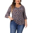 thumbnail image 1 of DARING DIVA Women's Plus Floral V Neck Tiered Ruffle Bell Sleeve Blouse 2X Red Brown, 1 of 6
