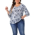 thumbnail image 1 of DARING DIVA Women's Plus Floral V Neck Tiered Ruffle Bell Sleeve Blouse 2X White Blue, 1 of 6