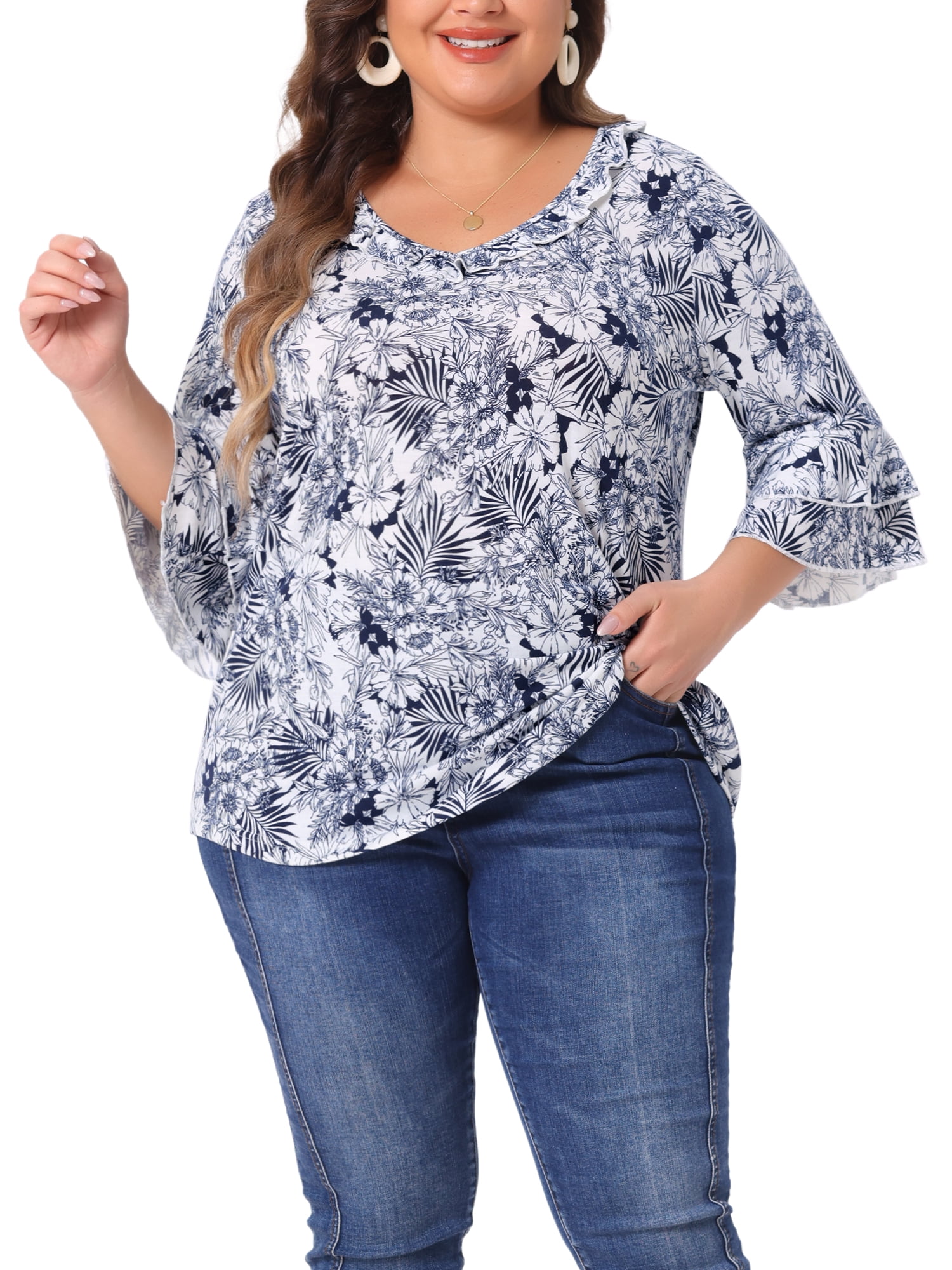 DARING DIVA Women's Plus Floral V Neck Tiered Ruffle Bell Sleeve Blouse 3X White Blue