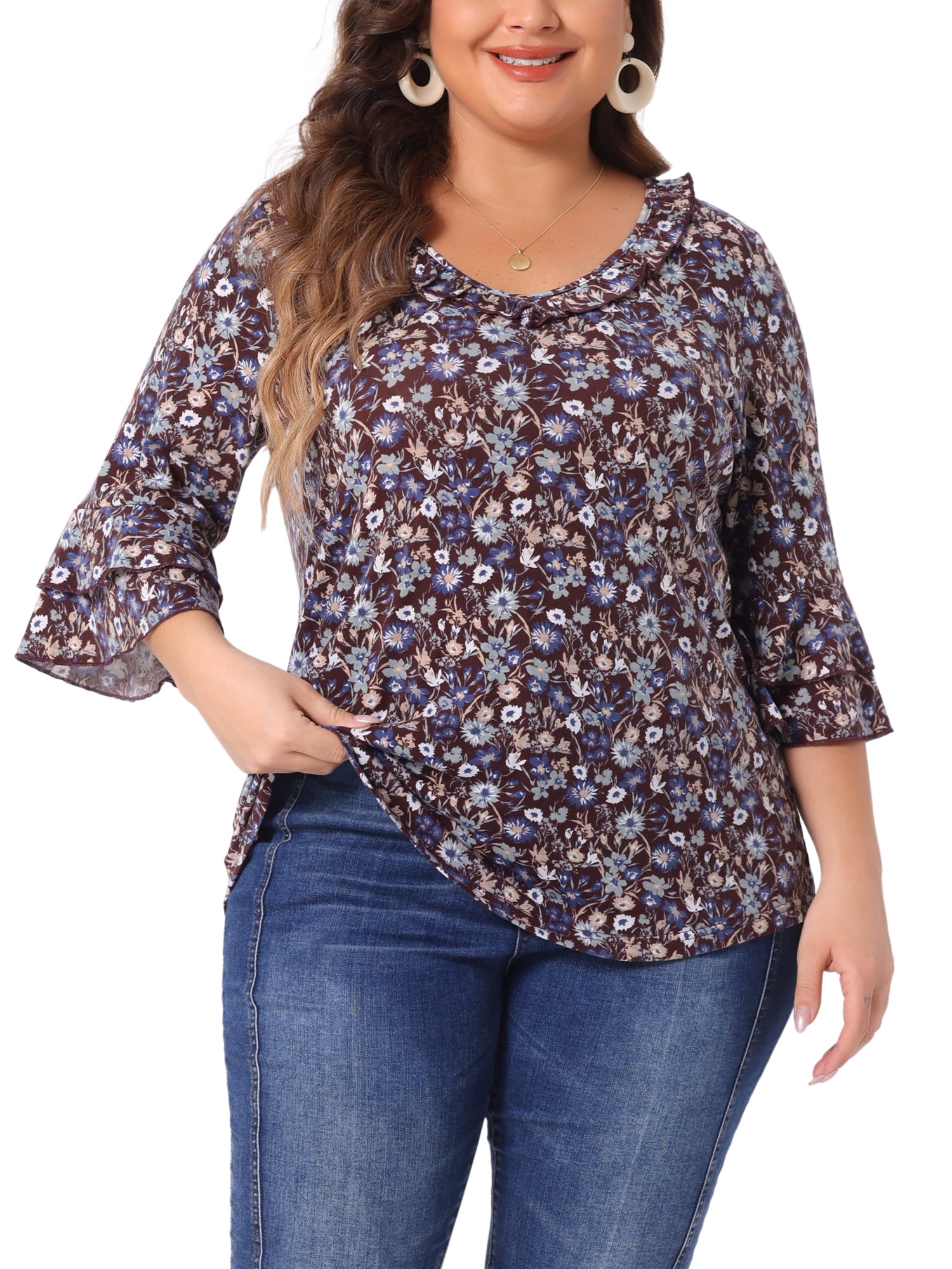 DARING DIVA Women's Plus Floral V Neck Tiered Ruffle Bell Sleeve Blouse 4X Red Brown
