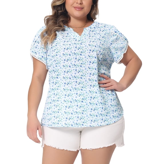 Women's Plus Tops Floral V Neck Tulip Sleeve T-Shirt Tee Summer Top 1X Blue