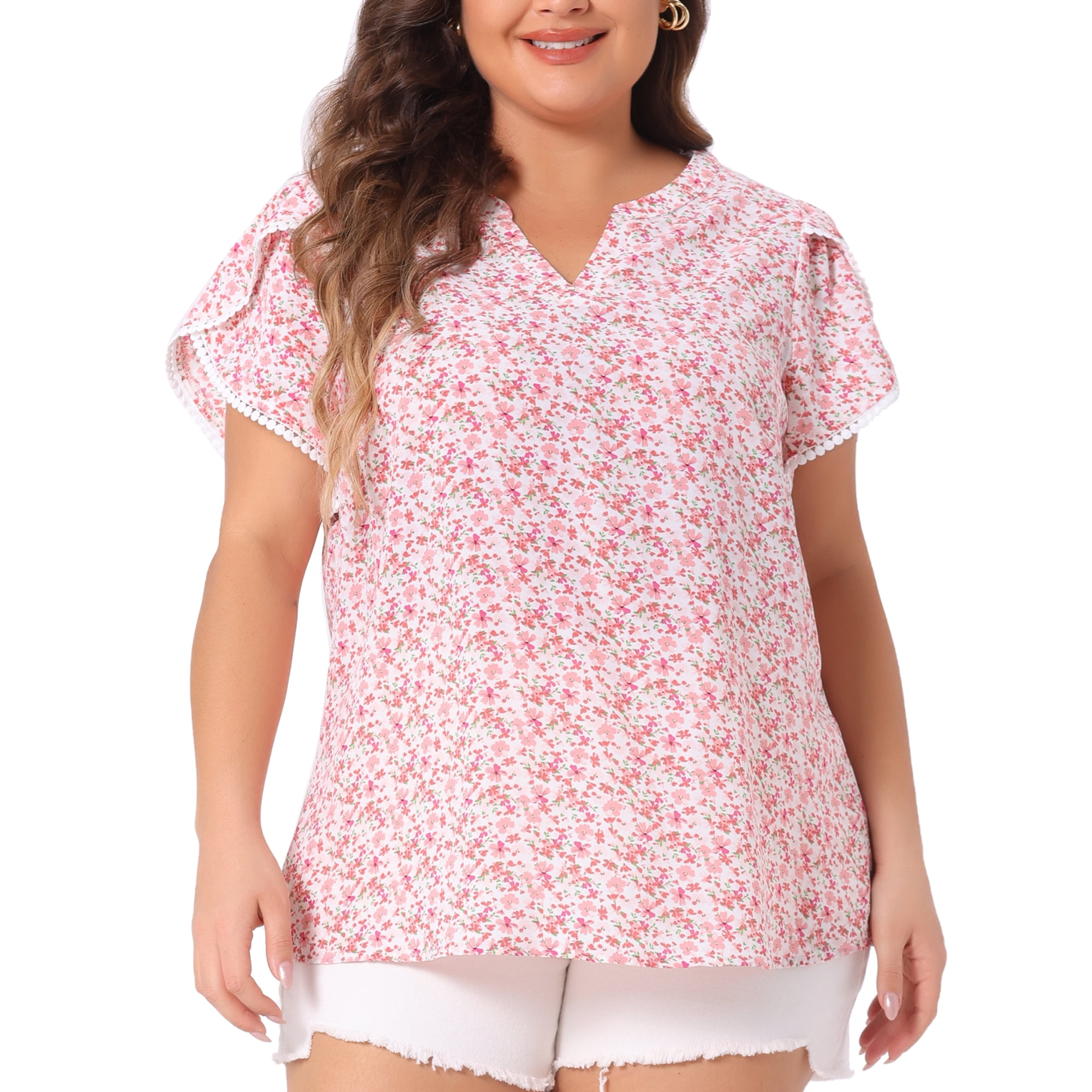 Women's Plus Tops Floral V Neck Tulip Sleeve T-Shirt Tee Summer Top 1X Pink