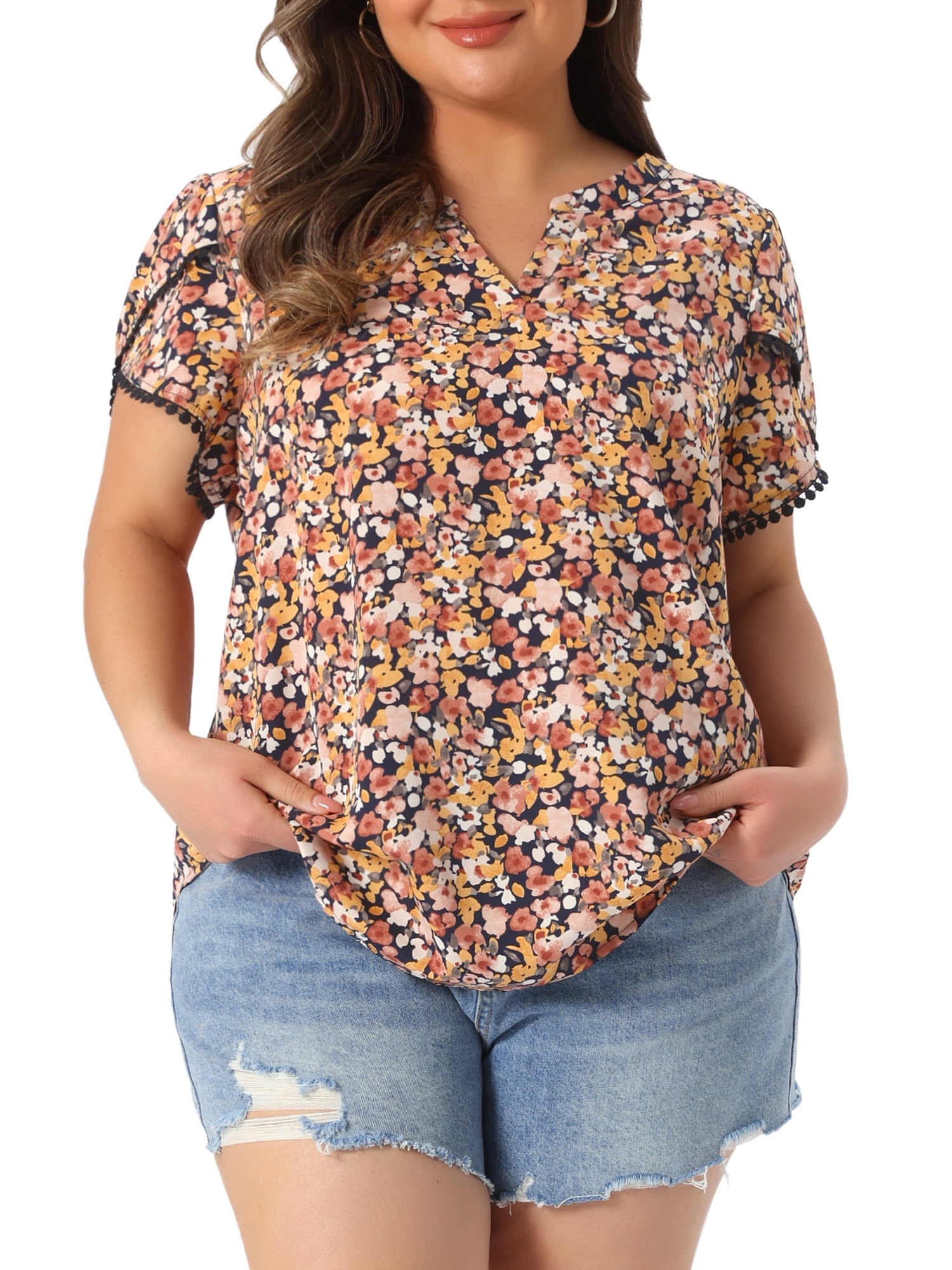 Women's Plus Tops Floral V Neck Tulip Sleeve T-Shirt Tee Summer Top 2X Yellow Pink