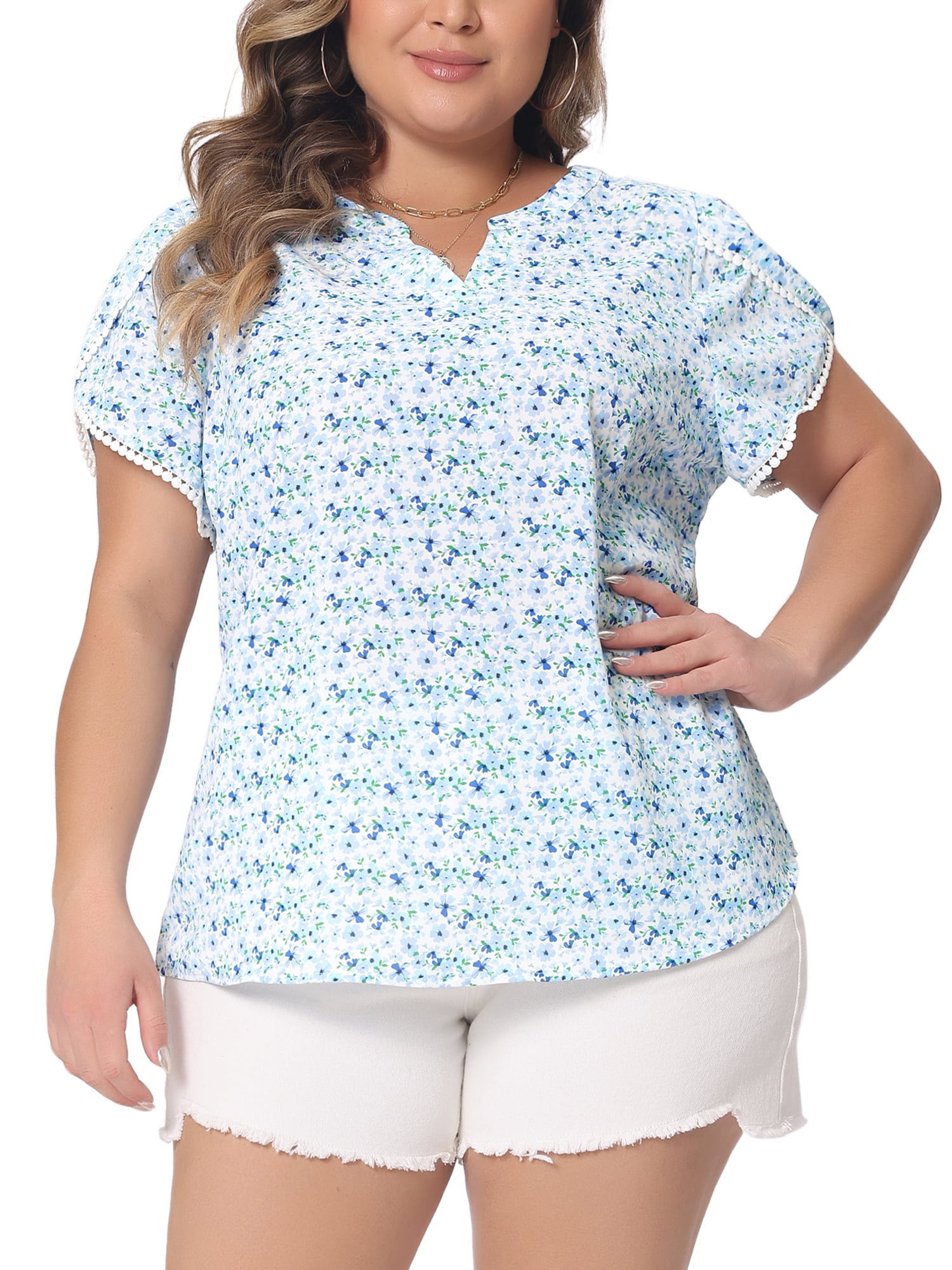 Women's Plus Tops Floral V Neck Tulip Sleeve T-Shirt Tee Summer Top 3X Blue