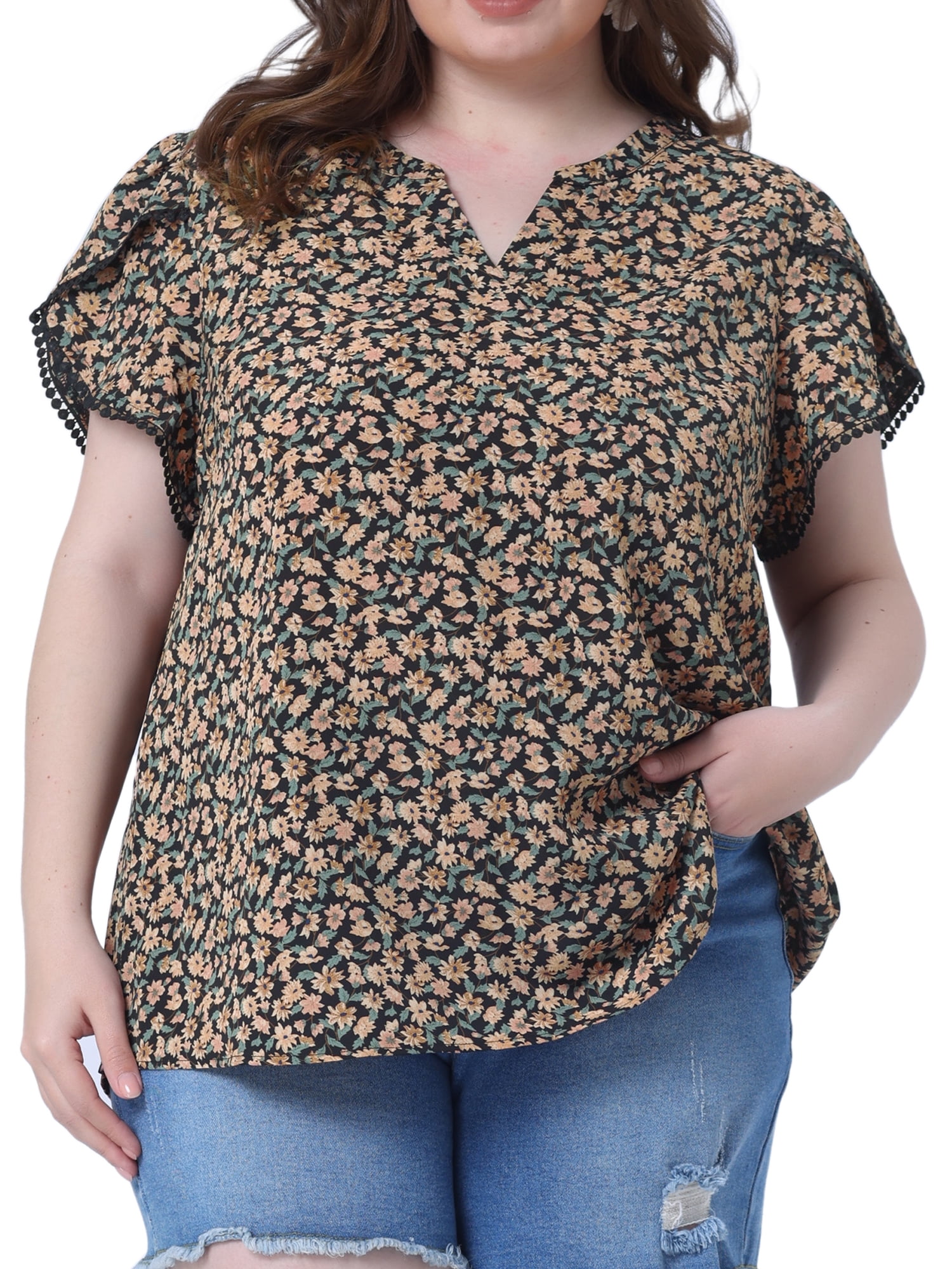 Women's Plus Tops Floral V Neck Tulip Sleeve T-Shirt Tee Summer Top 4X Beige