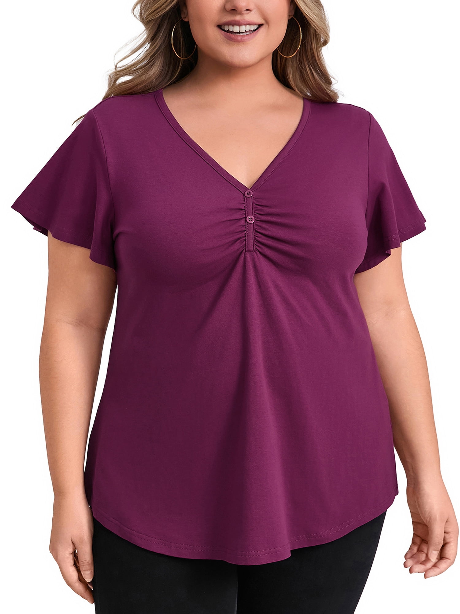DARING DIVA Women's Plus Flutter Sleeve V Neck Blouse 1X Purple