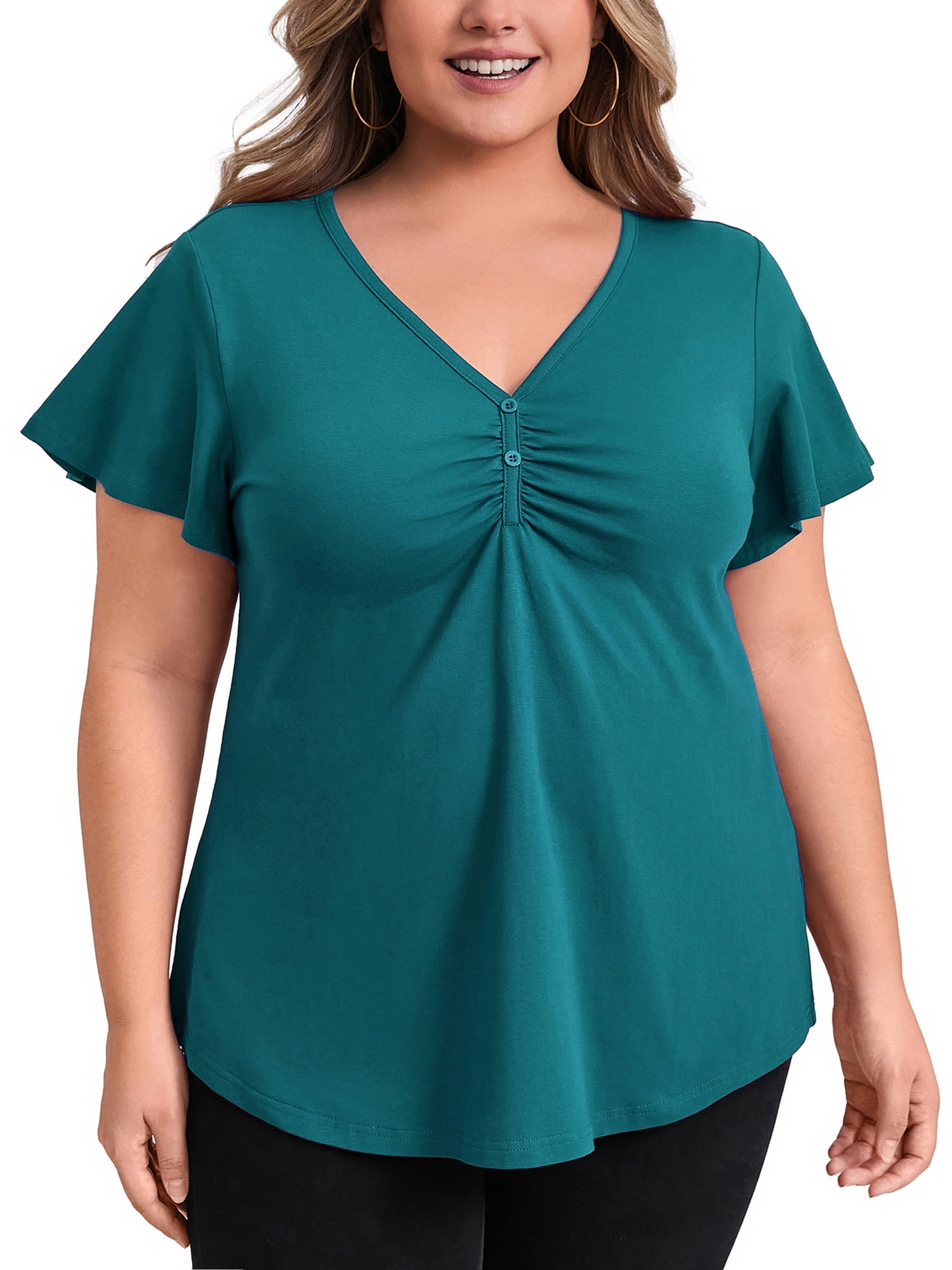 DARING DIVA Women's Plus Flutter Sleeve V Neck Blouse 2X Teal