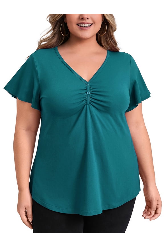 Women's Plus Flutter Sleeve V Neck Blouse 3X Teal