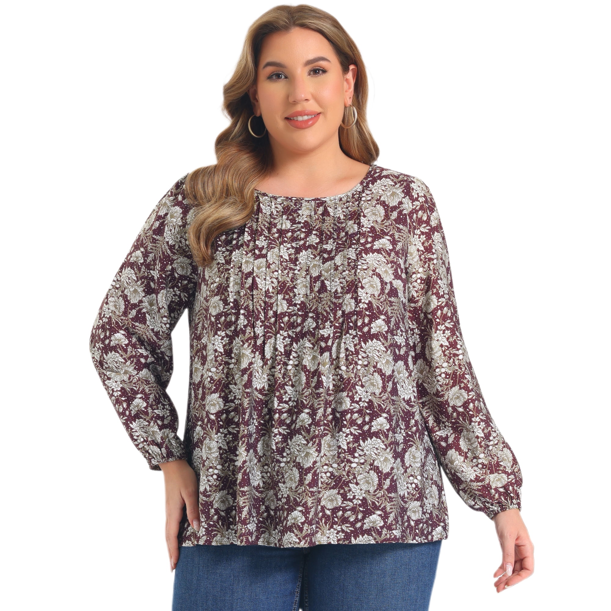 DARING DIVA Women's Plus Front Pintuck Crew Neck Lantern Sleeve 1X Deep Burgundy
