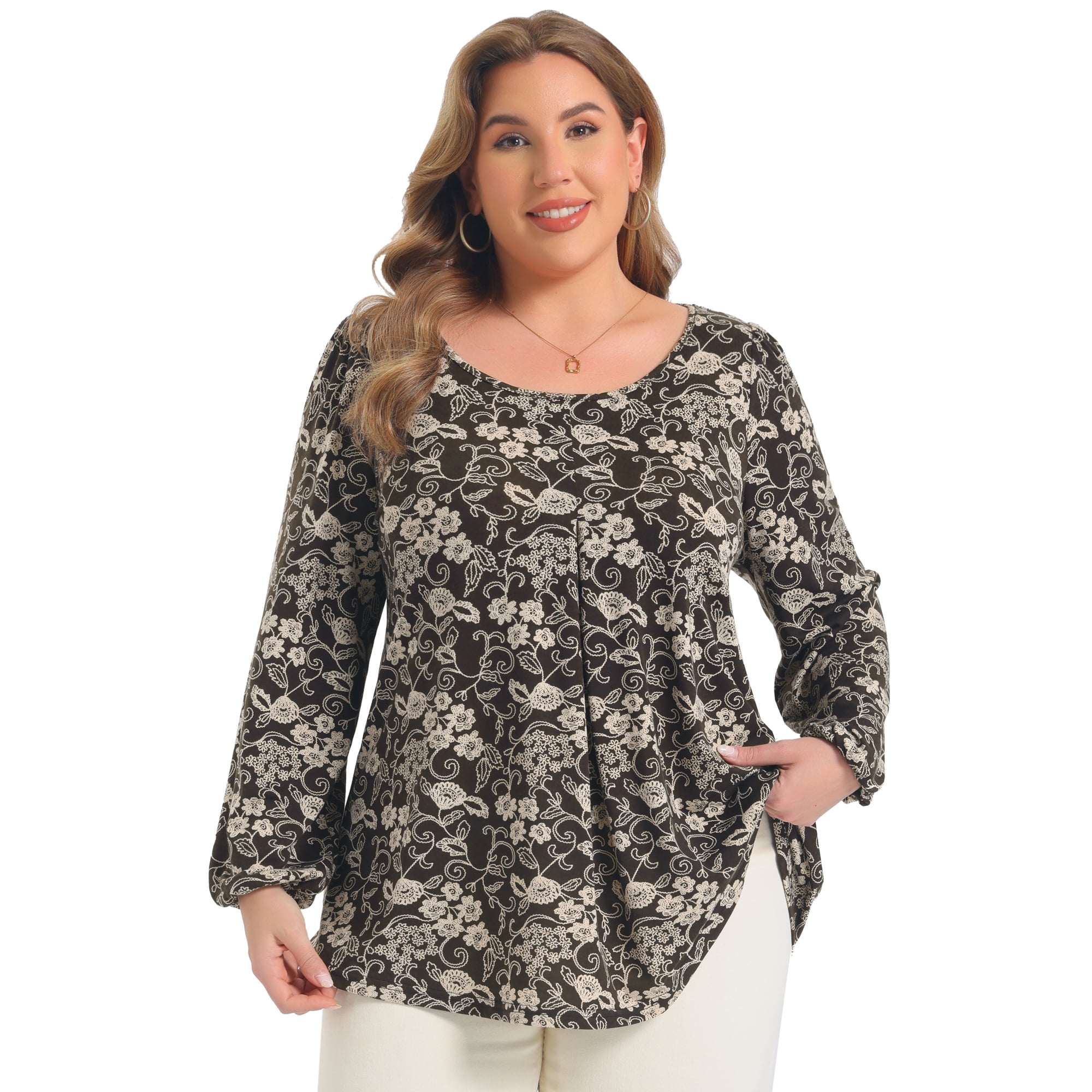 DARING DIVA Women's Plus Front Pleated Round Neck Lantern 2X Brown