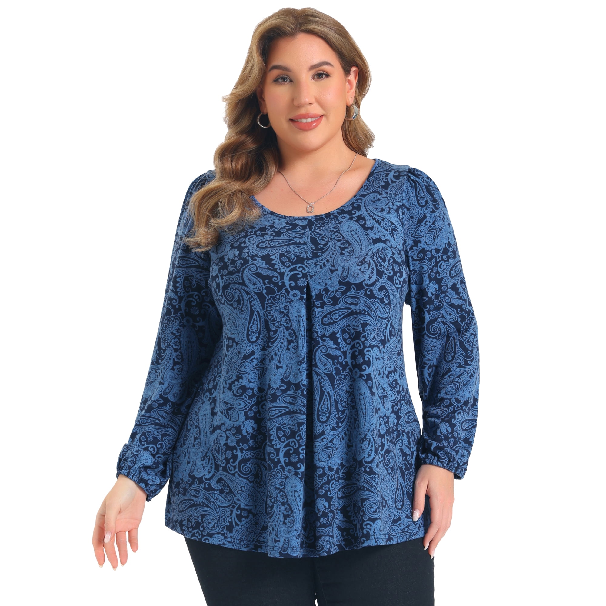 DARING DIVA Women's Plus Front Pleated Round Neck Lantern 3X Dark Blue