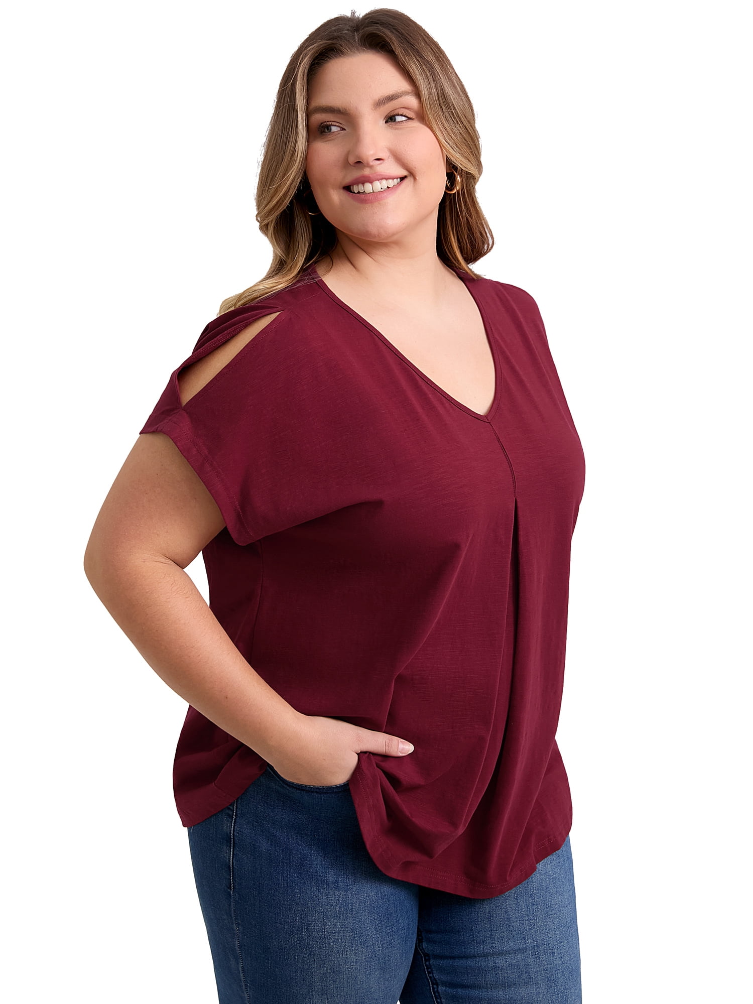 DARING DIVA Women's Plus Front Pleated V Neck Slit Sleeve Blouse 2X Dark Burgundy