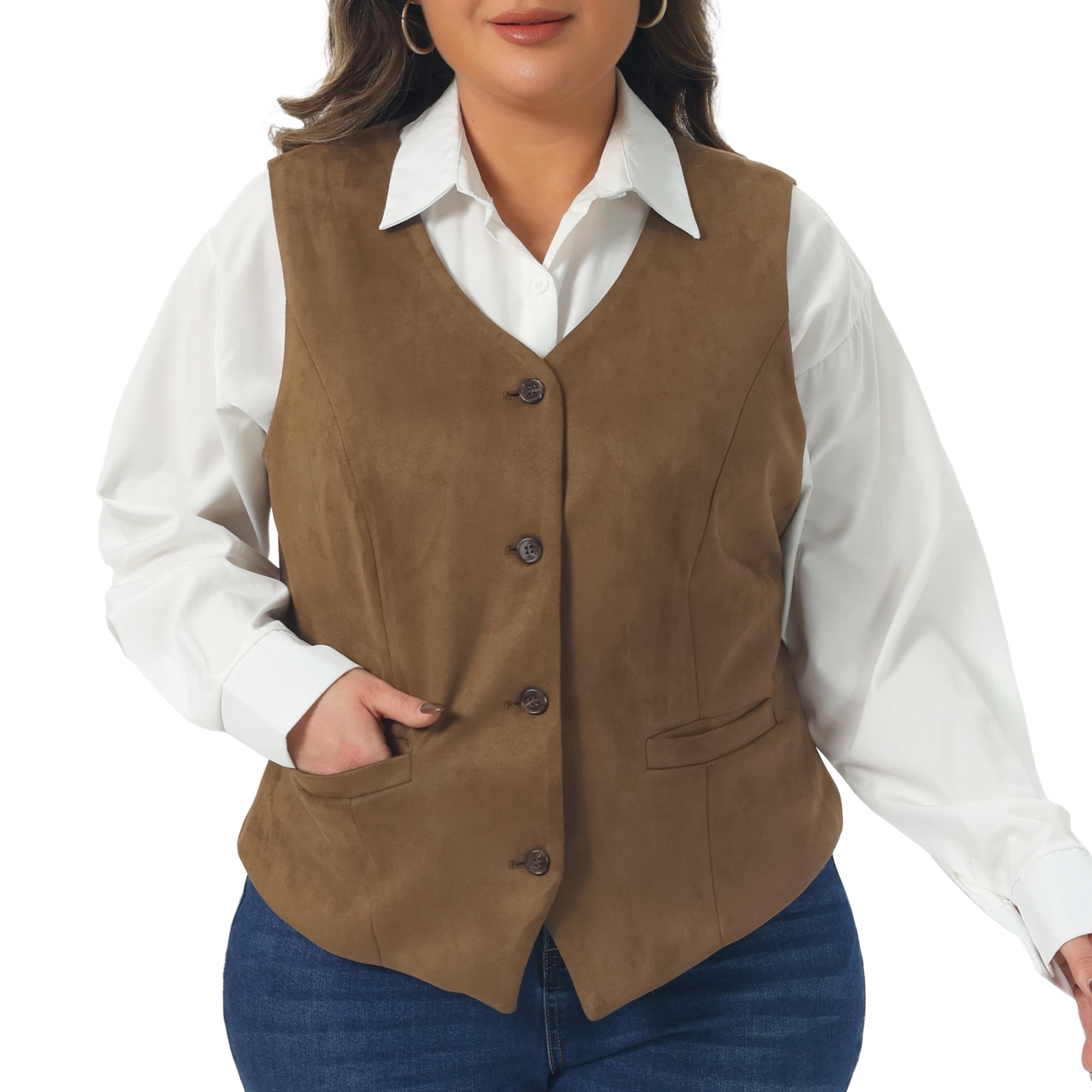DARING DIVA Women's Plus Fully Lined 4 Button V-Neck Dressy Suit Vest 3X Coffee Brown