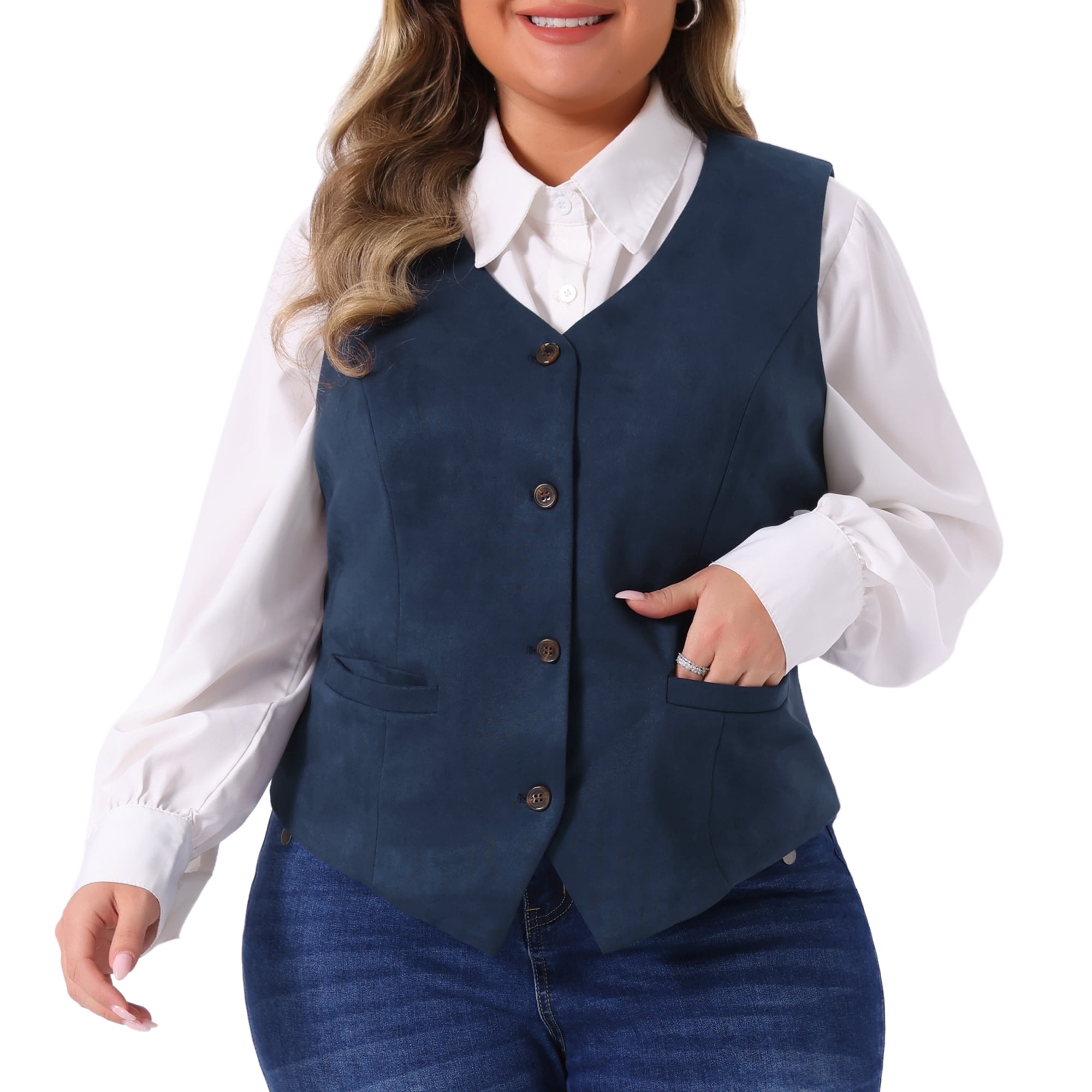 DARING DIVA Women's Plus Fully Lined 4 Button V-Neck Dressy Suit Vest 3X Navy Blue