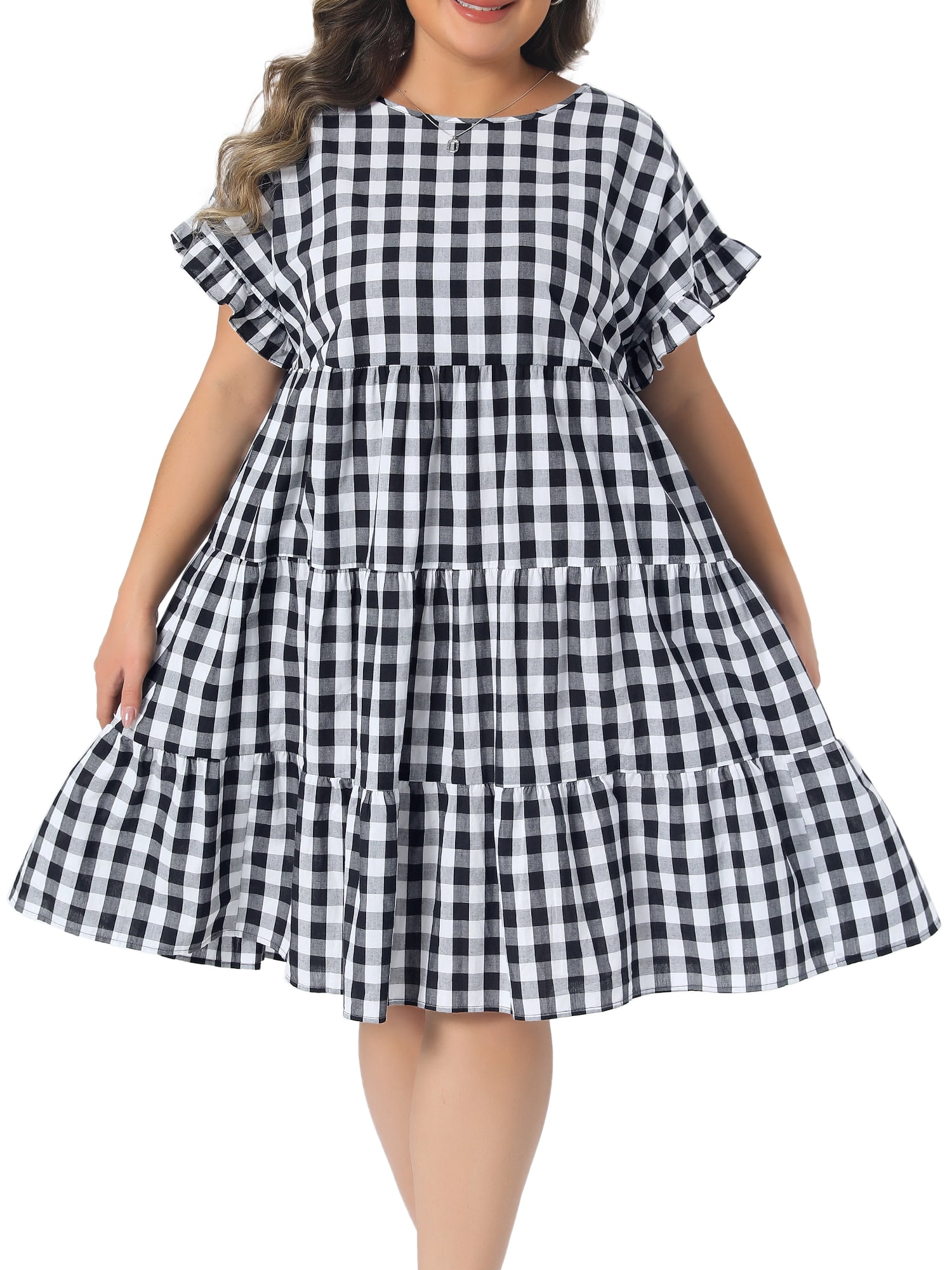 DARING DIVA Women's Plus Gingham 1950s Plaid Round Neck Dress 1X Black