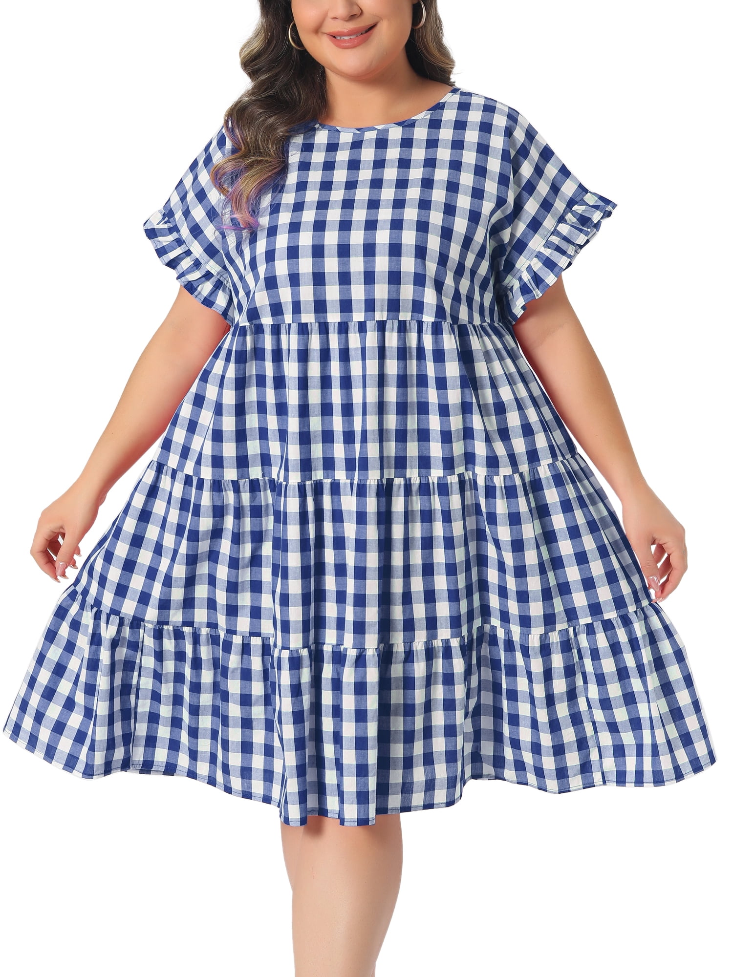 DARING DIVA Women's Plus Gingham 1950s Plaid Round Neck Dress 1X Royal Blue