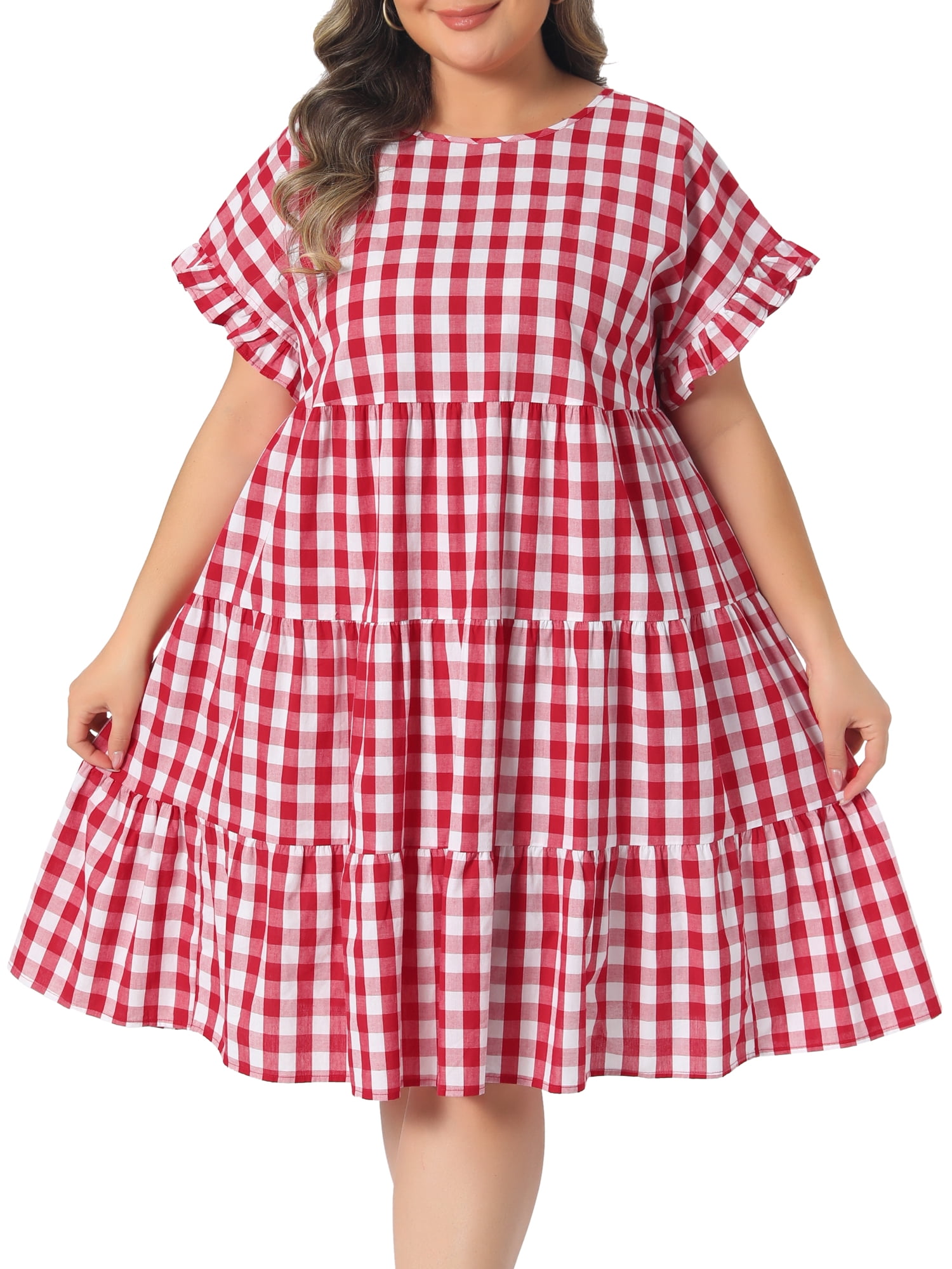 DARING DIVA Women's Plus Gingham 1950s Plaid Round Neck Dress 2X Red