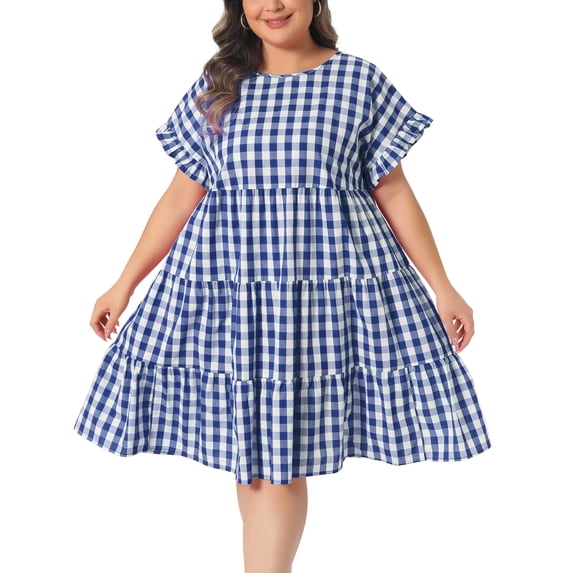 DARING DIVA Women's Plus Gingham 1950s Plaid Round Neck Dress 3X Royal Blue