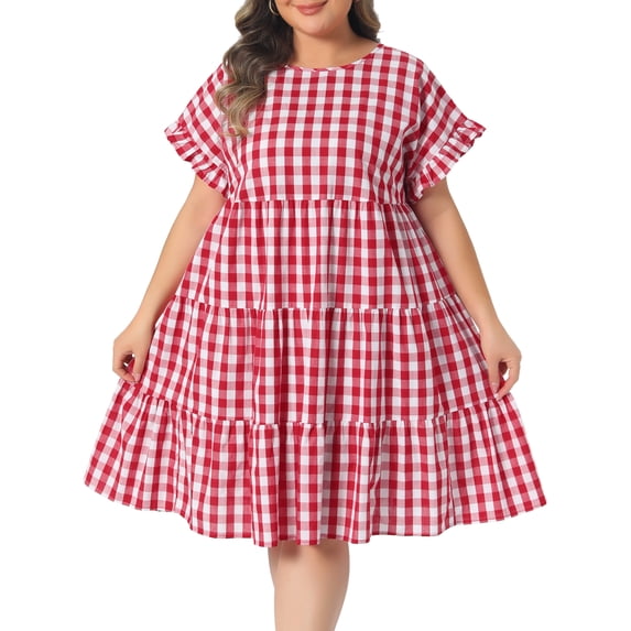 DARING DIVA Women's Plus Gingham 1950s Plaid Round Neck Dress 4X Red