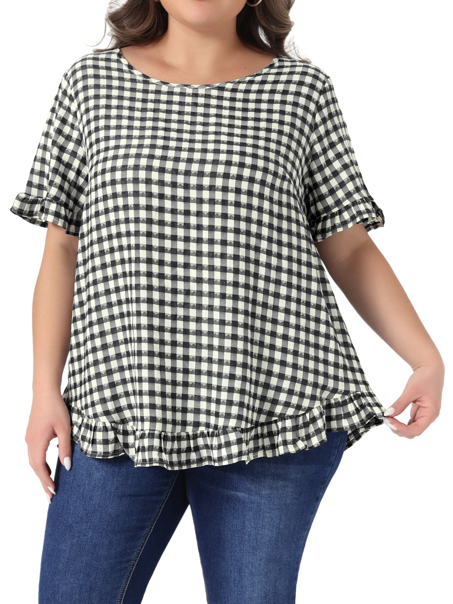 DARING DIVA Women's Plus Gingham 1950s Plaid Round Neck Tops 1X Black
