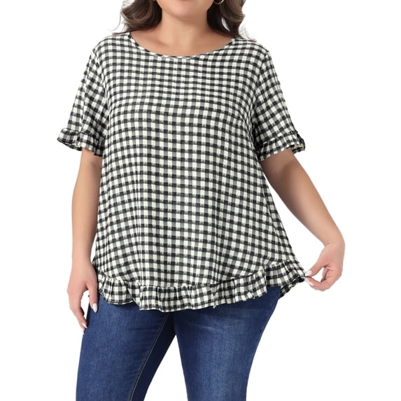 DARING DIVA Women's Plus Gingham 1950s Plaid Round Neck Tops 3X Black