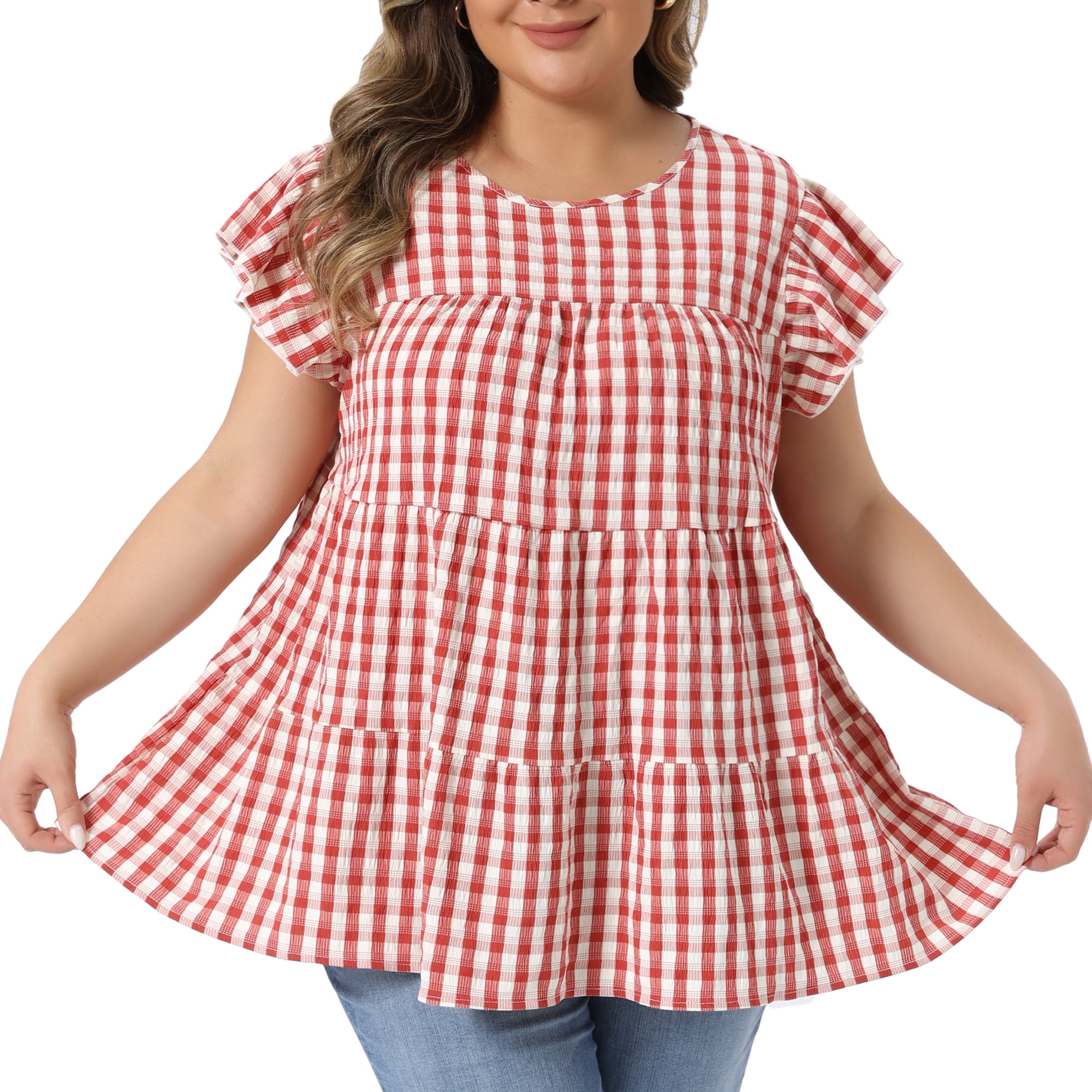 Women's Plus Women's Gingham Top 1950s Crew Neck Flare Short Sleeve Blouse 2X Red