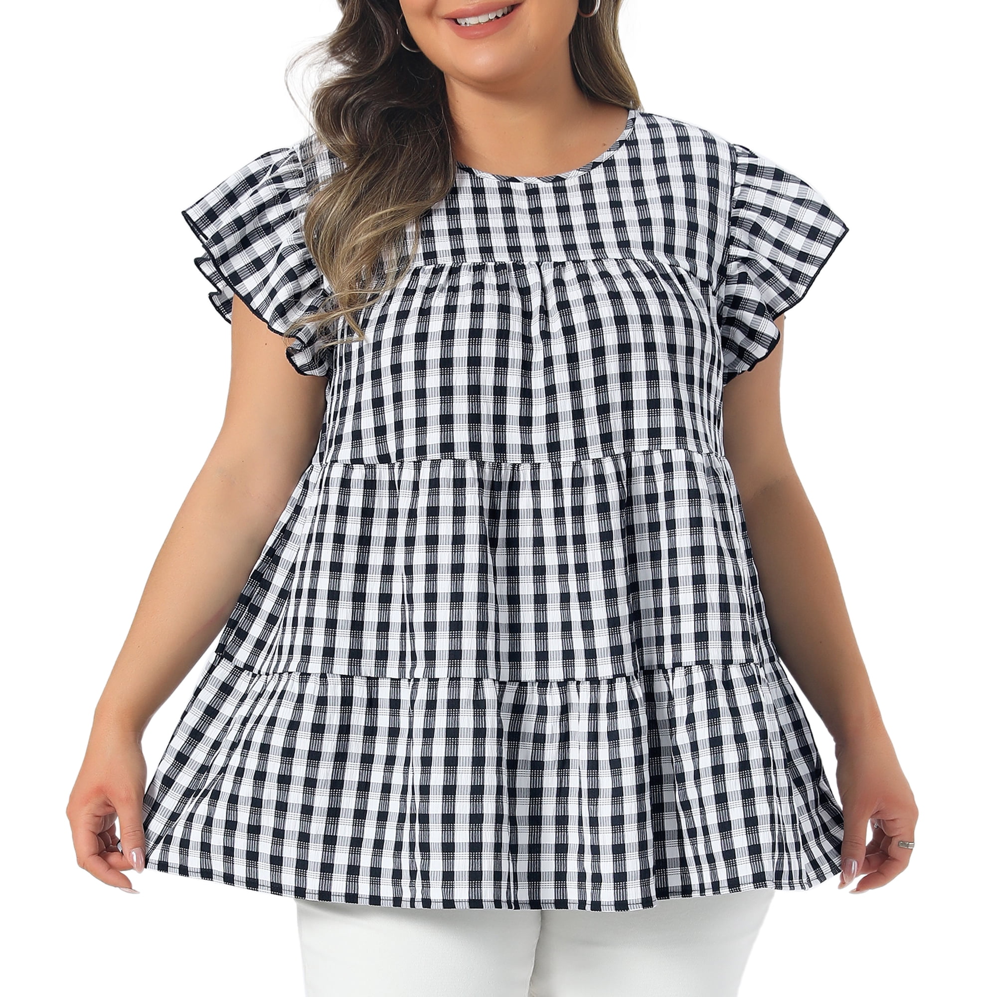 Women's Plus Women's Gingham Top 1950s Crew Neck Flare Short Sleeve Blouse 3X Black
