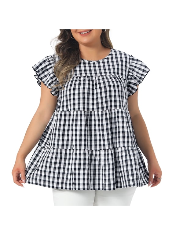 Women's Plus Women's Gingham Top 1950s Crew Neck Flare Short Sleeve Blouse 3X Black